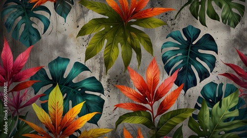 A realistic image of vibrant, drawn exotic tropical leaves intricately detailed on a weathered concrete grunge wall. photo