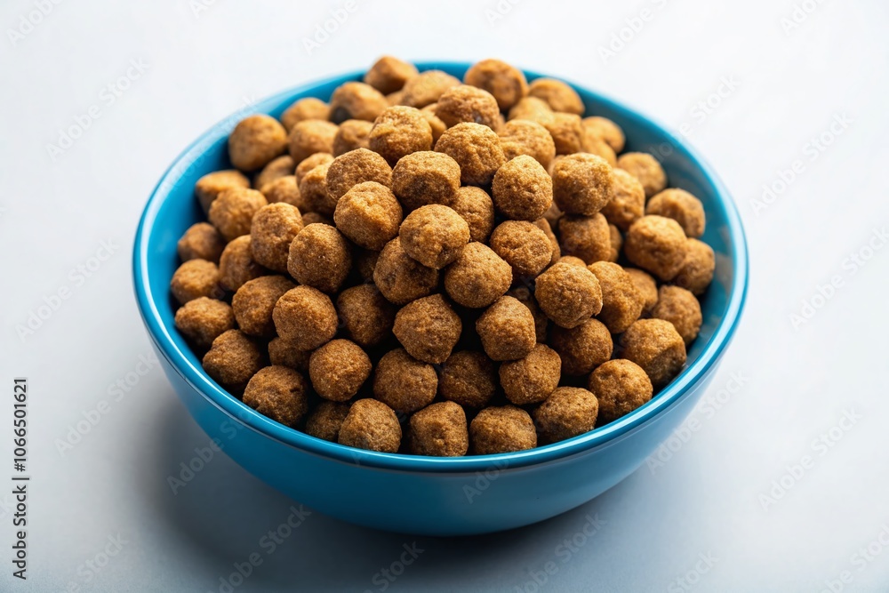 Brown Croquettes of Dry Balanced Animal Feed in a Blue Bowl Isolated on White Background for Pet Nutrition and Animal Health Brown Croquettes of Dry Balanced Animal Feed in a Blue Bowl Isolated on White Background for Pet Nutrition and Animal Health