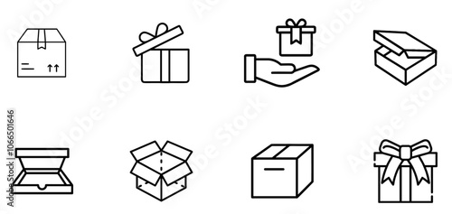 Box icon set. Product package cardboard shipping parcel box icon collection. Open and close outlined carton box vector sign. Open empty cube package.