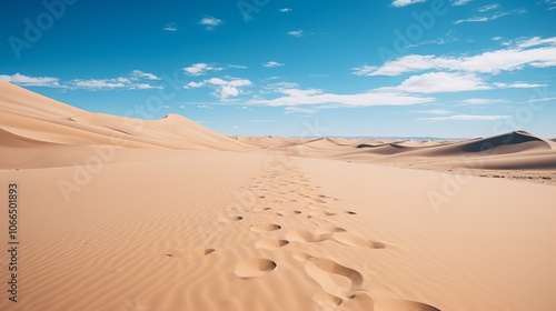 Footprints in the soft sand of a vast desert under a clear blue sky during the daytime