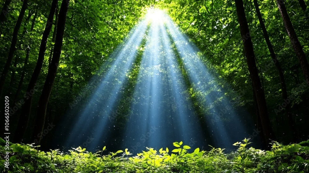 Obraz premium Sunlight Rays Through Forest Canopy Green Trees Nature Background