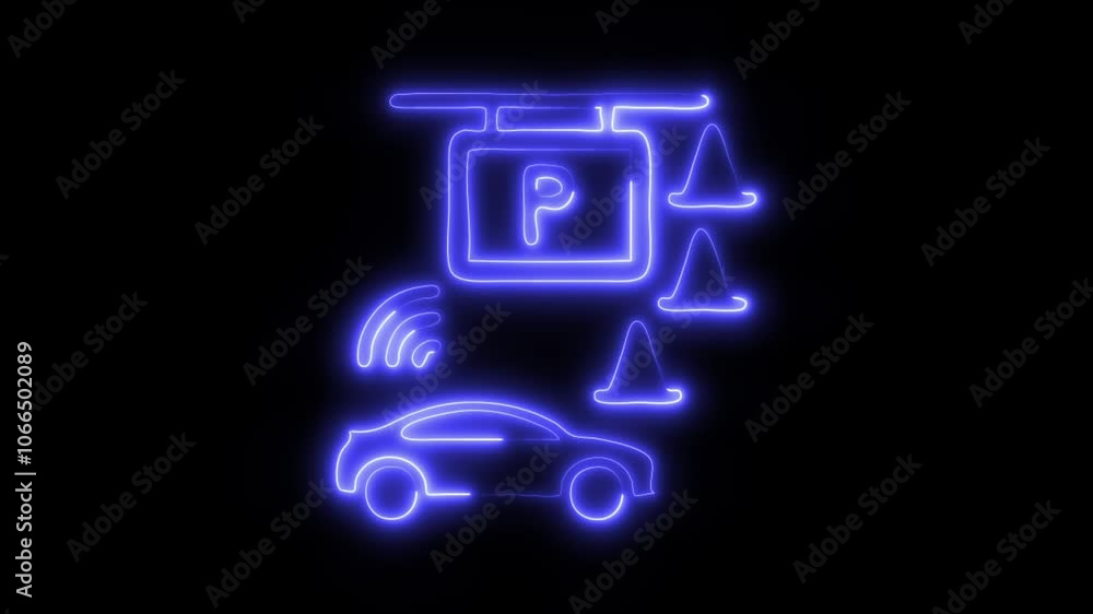 Glowing Car Parking Icon and Symbol in HD Video Neon Animation on Black Background Glowing Car Parking Icon and Symbol in HD Video Neon Animation on Black Background