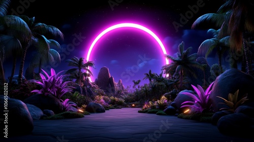 Tropical Night Scene with Neon Ring and Palm Trees
