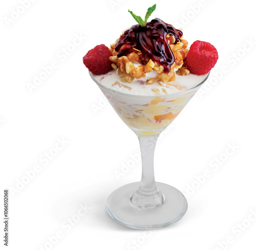 A tall glass of creamy ice cream falooda layered with rose syrup, vermicelli, and basil seeds, topped with a scoop of ice cream