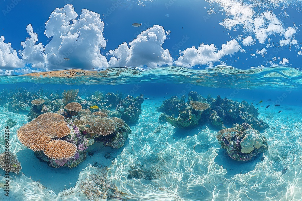 Fototapeta premium Underwater View of a Coral Reef with Blue Sky and White Clouds Above