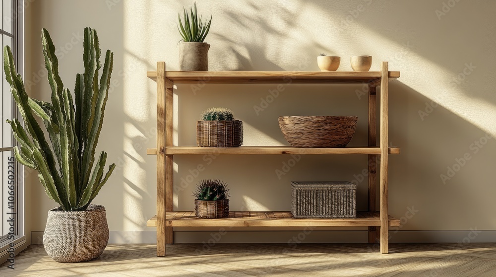 Wooden shelf with plants and decorative objects in a modern living room interior. Wooden shelf with plants and decorative objects in a modern living room interior.