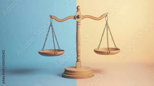Wooden balance scale on a two color background, symbolizing justice, fairness, and equality in various contexts