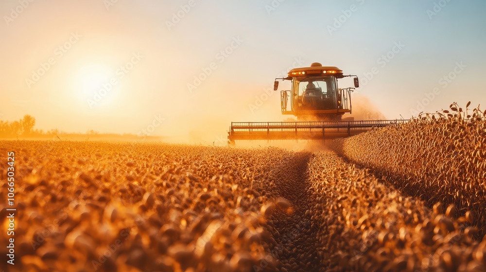 Fototapeta premium A powerful combine harvester at work during sunset, harvesting golden fields of grain, showcasing agricultural productivity and beauty.