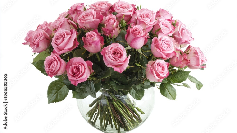 A pink rose bouquet arranged in a glass vase, perfect for a cheerful and uplifting decor A pink rose bouquet arranged in a glass vase, perfect for a cheerful and uplifting decor