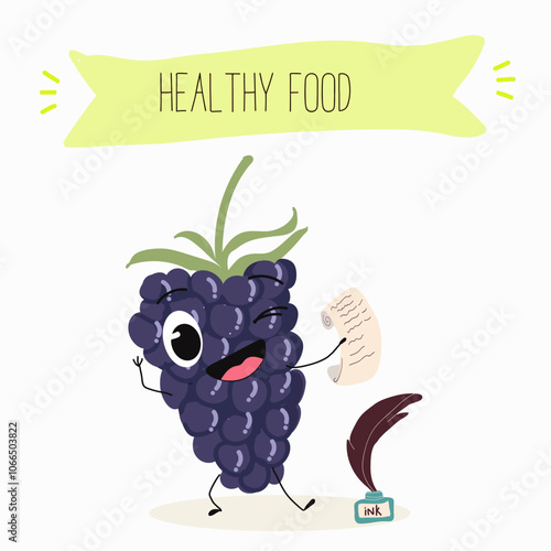 Cute  blackberry characters, funny fruits, berries, different activities. Flat vector illustration. Organic food, healthy food, illustrations for kids menu, invitations.