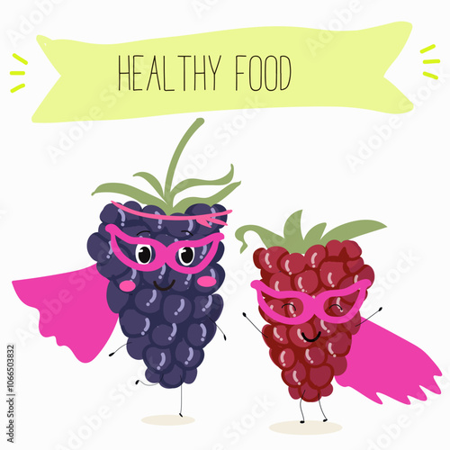 Cute  blackberry characters, funny fruits, berries, different activities. Flat vector illustration. Organic food, healthy food, illustrations for kids menu, invitations.