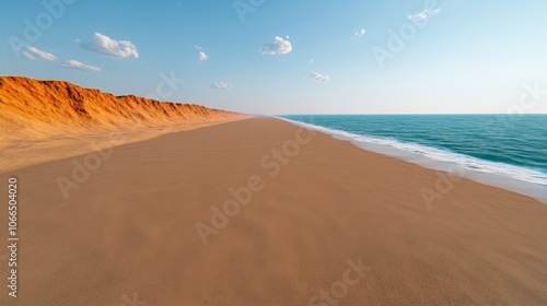 Sandy Beach with Ocean Horizon and Cliffs Seascape Coastal Landscape Summer Vacation