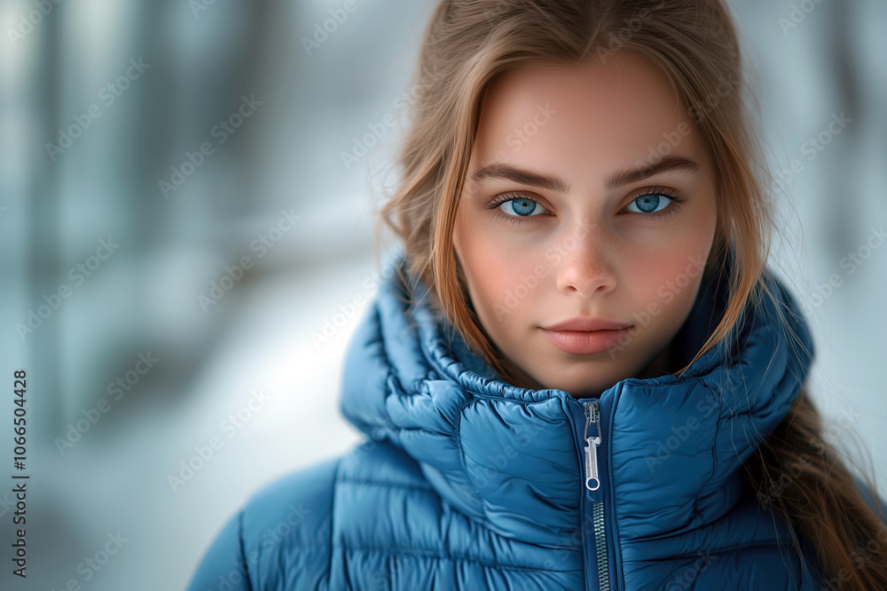 Close-up of a young woman in a stylish modern puffer jacket against a winter backdrop Close-up of a young woman in a stylish modern puffer jacket against a winter backdrop