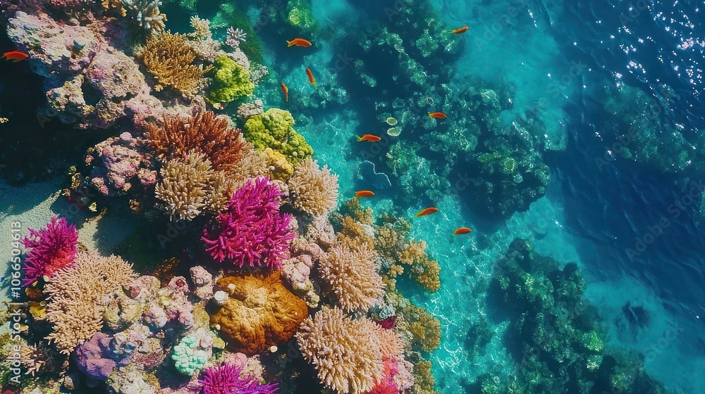 Vibrant coral reef teeming with life, with orange fish swimming through crystal-clear water. Vibrant coral reef teeming with life, with orange fish swimming through crystal-clear water.
