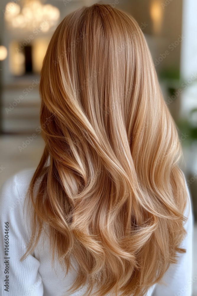 Close-up of long wavy hair cascading elegantly down in a modern interior setting Close-up of long wavy hair cascading elegantly down in a modern interior setting