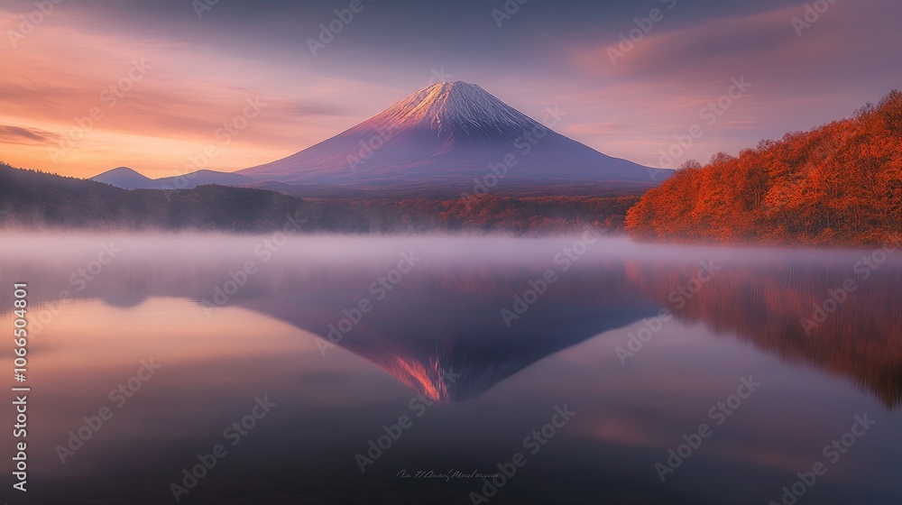 Stunning Mountain Peak Reflection in Calm Water with Fog and Trees Stunning Mountain Peak Reflection in Calm Water with Fog and Trees