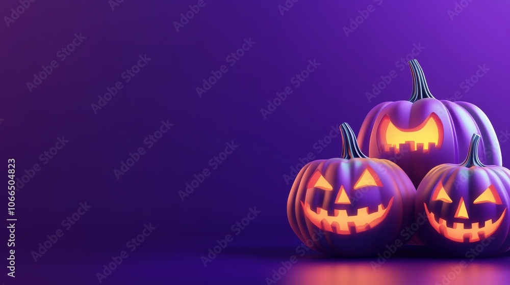 Three creatively carved Halloween pumpkins glowing against a purple backdrop in October, celebrating the spirit of the holiday season Three creatively carved Halloween pumpkins glowing against a purple backdrop in October, celebrating the spirit of the holiday season