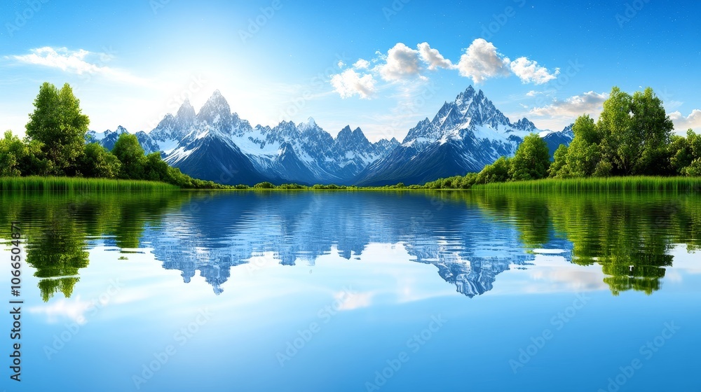 Serene Mountain Lake with Snow capped Peaks and Reflection Serene Mountain Lake with Snow capped Peaks and Reflection