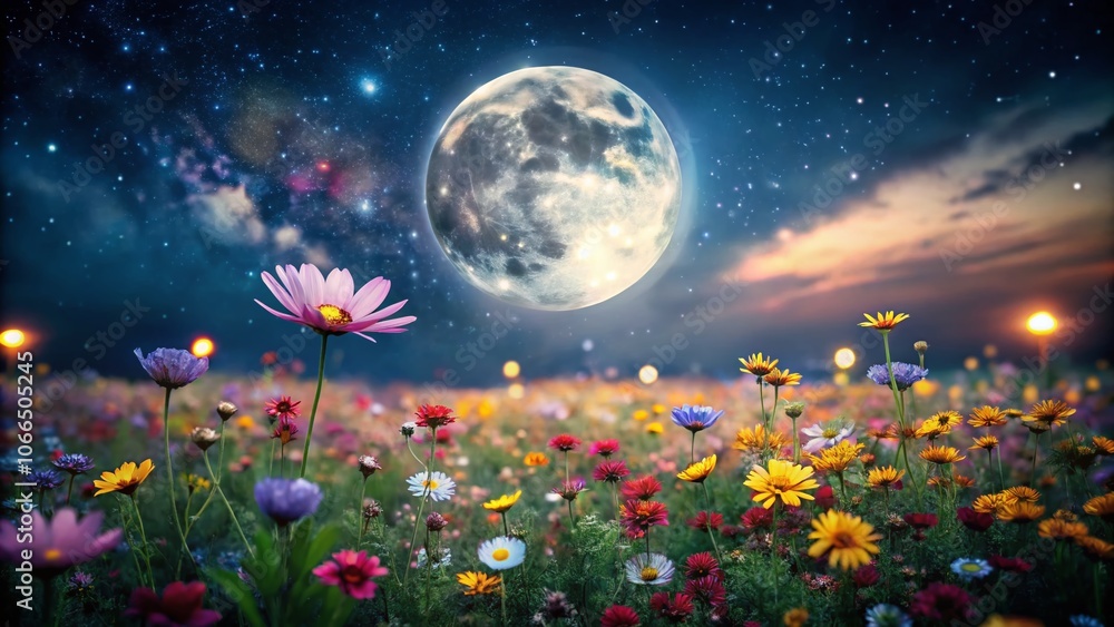 Captivating Night Moon Over Blossoming Flowers - Tilt-Shift Photography of a Dreamy Floral Landscape Under a Starry Sky Captivating Night Moon Over Blossoming Flowers - Tilt-Shift Photography of a Dreamy Floral Landscape Under a Starry Sky