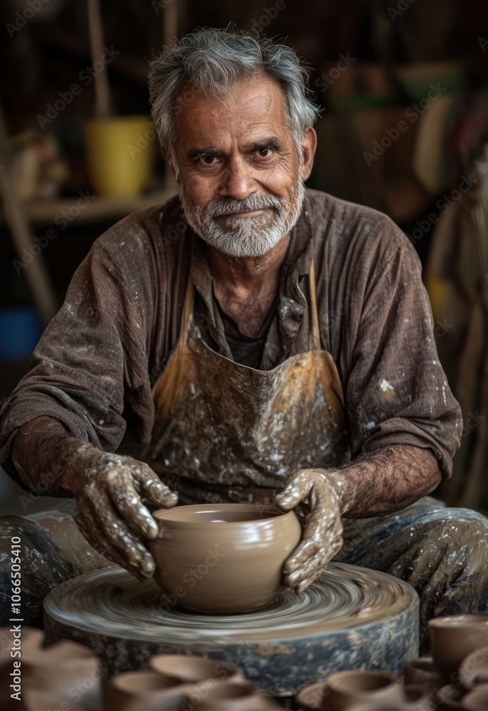 a portrait of a clay maker at their pottery wheel, hands covered in clay as they shape a vessel. Capture their concentration and skill in the moment, with tools and unfinished pieces scattered around. a portrait of a clay maker at their pottery wheel, hands covered in clay as they shape a vessel. Capture their concentration and skill in the moment, with tools and unfinished pieces scattered around.