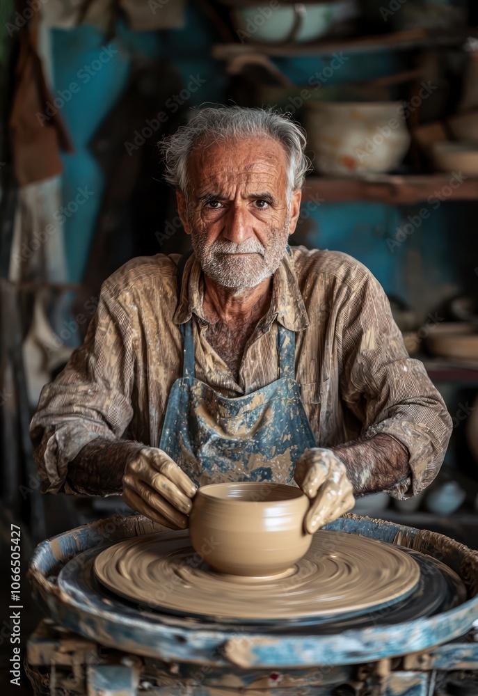 a portrait of a clay maker at their pottery wheel, hands covered in clay as they shape a vessel. Capture their concentration and skill in the moment, with tools and unfinished pieces scattered around. a portrait of a clay maker at their pottery wheel, hands covered in clay as they shape a vessel. Capture their concentration and skill in the moment, with tools and unfinished pieces scattered around.