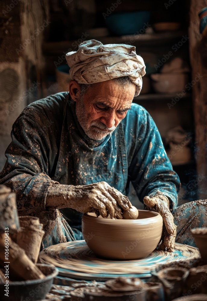a portrait of a clay maker at their pottery wheel, hands covered in clay as they shape a vessel. Capture their concentration and skill in the moment, with tools and unfinished pieces scattered around. a portrait of a clay maker at their pottery wheel, hands covered in clay as they shape a vessel. Capture their concentration and skill in the moment, with tools and unfinished pieces scattered around.