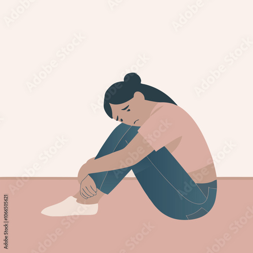 Girl Hand Stretching To Young Unhappy Girl Sitting And Hugging Her Knees Depression Flat Vector Illustration