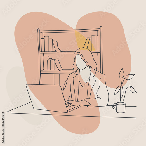 A Girl Is Working On Laptop And Sits On Chair So Comfortably. Work From Home. Freelance or Studying Concept. Flat Style Illustration.