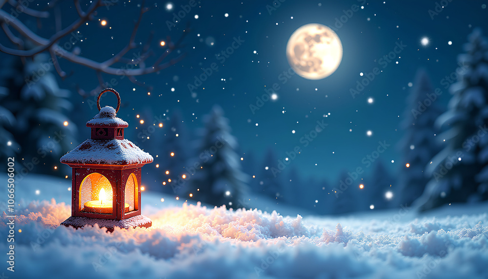 Fototapeta premium Lantern is lit in the snow, with a full moon in the background. The scene is serene and peaceful, with the soft glow of the lantern creating a warm and inviting atmosphere