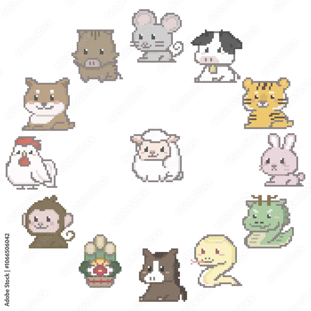 Fototapeta premium 干支のイメージ, ドット絵, 主役はひつじ