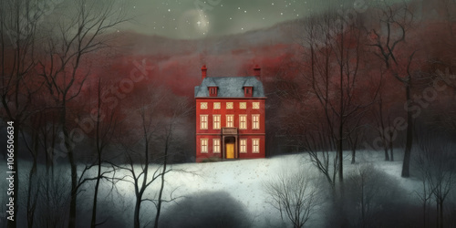 Red House in Snowy Winter or Autumn Forest at Night. Abstract Christmas, New Year, XMas, Winter Background. Fairy Tale Winter Nature Landscape photo