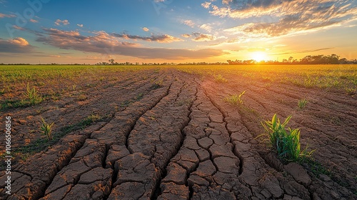 A farming region suffering from severe drought, with dried-up fields and cracked soil indicating the environmental effects.