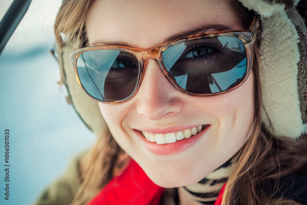 Young woman smiling while flying a small aircraft in winter Young woman smiling while flying a small aircraft in winter