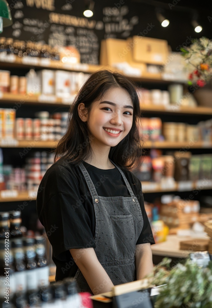 a portrait of a retail worker standing behind the counter at a bustling store. Capture their friendly smile and dedication as they assist customers, with shelves of products in the background.