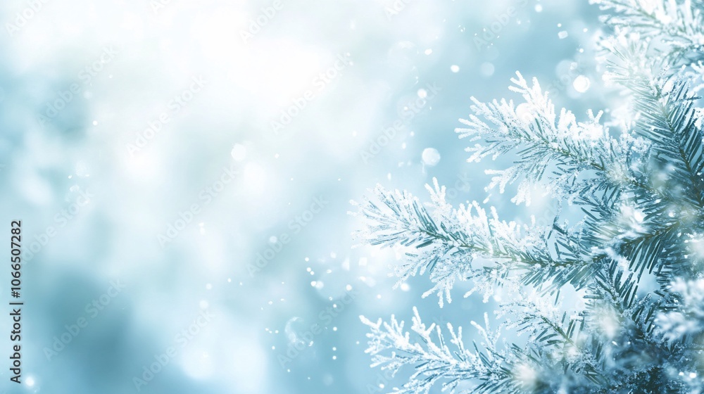 A close-up of a frosted pine branch with a light blue, snowy background. A close-up of a frosted pine branch with a light blue, snowy background.