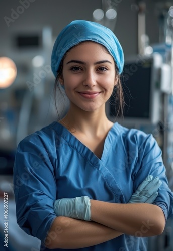 A portrait of a nurse in scrubs, smiling confidently in a hospital setting, with medical equipment in the background.