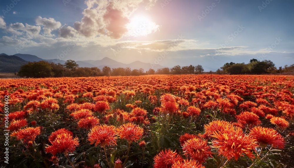 A field of bright red safflowers spreading across the land A field of bright red safflowers spreading across the land
