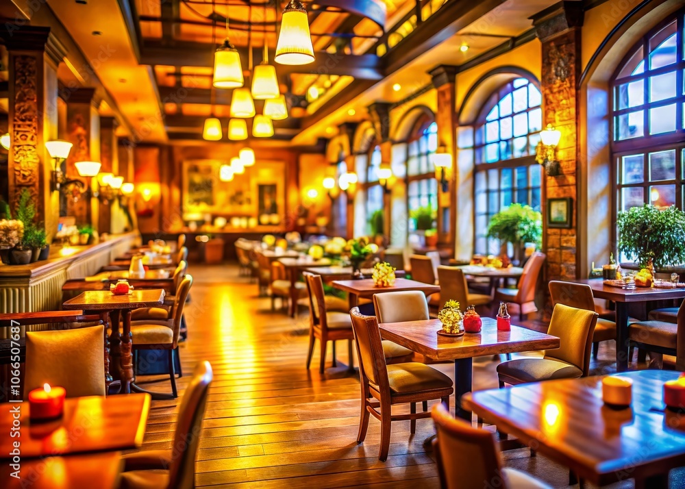 Charming Restaurant Interior with Tilt-Shift Photography: A Cozy Dining Space Filled with Tables and Chairs for an Inviting Atmosphere Charming Restaurant Interior with Tilt-Shift Photography: A Cozy Dining Space Filled with Tables and Chairs for an Inviting Atmosphere