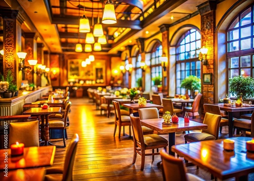 Charming Restaurant Interior with Tilt-Shift Photography: A Cozy Dining Space Filled with Tables and Chairs for an Inviting Atmosphere