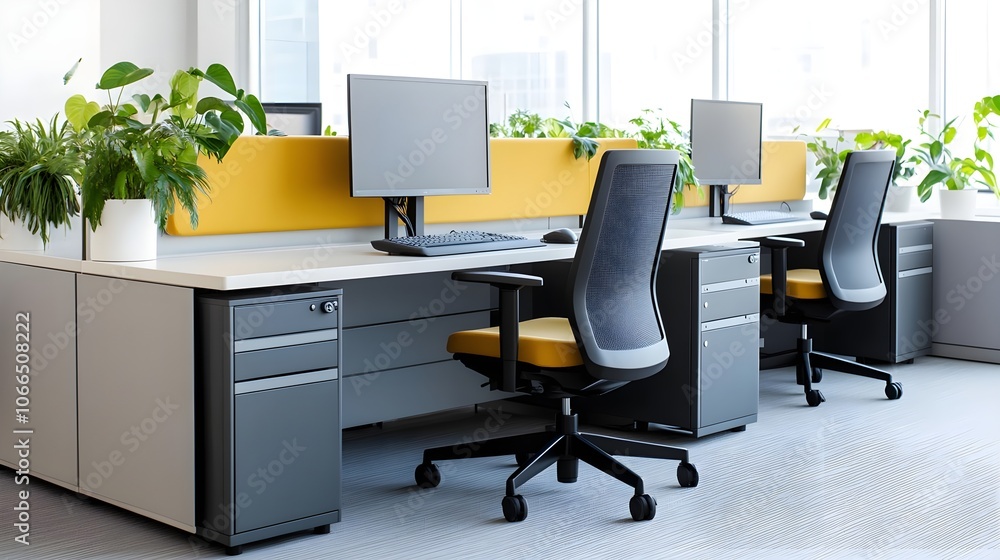 Modern Office Workspace with Yellow Accents Modern Office Workspace with Yellow Accents