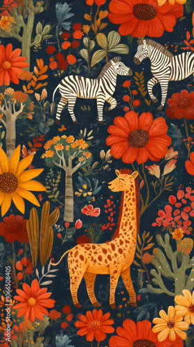 The essence of African wildlife, showcasing zebras and a giraffe surrounded by lively flora in a bright, artistic style