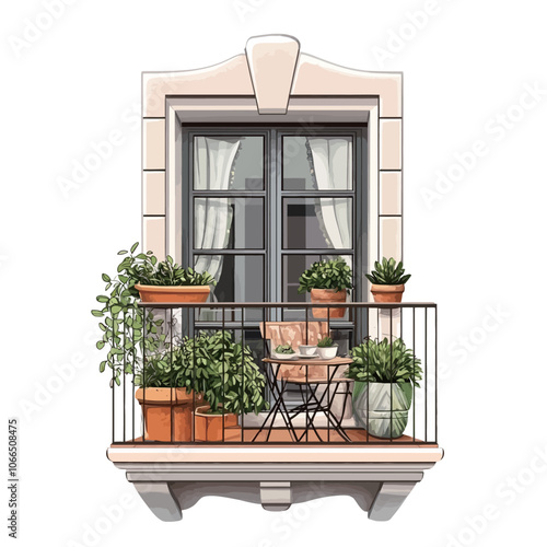 Balcony with plants on the windowsill. Vector illustration. 