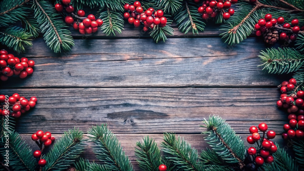 Christmas Holiday Evergreen Pine Branches Border with Red Berries on Rustic Wood Background for Festive Seasonal Decor and Greeting Cards Christmas Holiday Evergreen Pine Branches Border with Red Berries on Rustic Wood Background for Festive Seasonal Decor and Greeting Cards