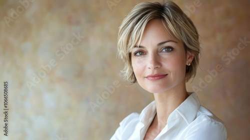 A professional headshot of a businesswoman against a soft-focus background