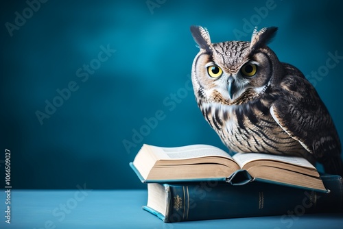 Wallpaper Mural An owl perched on an open book against a blue background during a calm indoor setting Torontodigital.ca