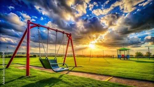 Classic Paloma Empty Swing at Playground in Rule of Thirds Composition, Evoking Nostalgia and Childhood Memories