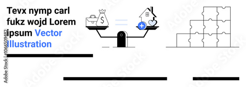 Balanced see-saw with briefcase and money bag on one side, house and heart on the other. Ideal for employment, work-life balance, health, financial planning, real estate, wellness, workplace. Landing