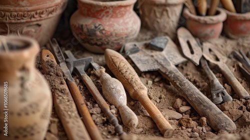 This photo captures the intricate tools used by the archaeologists to carefully remove and preserve ancient artifacts such as pottery weapons and tools. photo