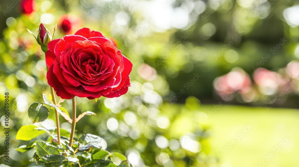 A red rose with a blurred garden background, showcasing its vibrant color amidst greenery A red rose with a blurred garden background, showcasing its vibrant color amidst greenery
