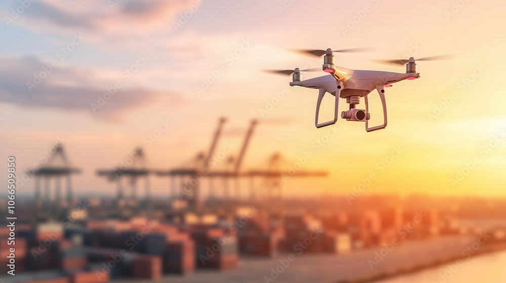 Drone monitoring a busy shipping yard, representing realtime logistics automation Drone monitoring a busy shipping yard, representing realtime logistics automation